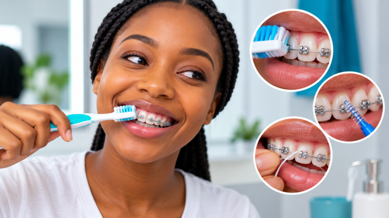 Young adult cleaning teeth with braces using a toothbrush and interdental brush
